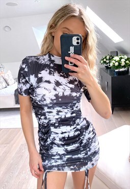Fiya Ruched Dress in Black and White Tie Dye