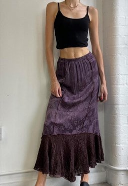 Vintage Y2k Lace Satin Maxi Skirt Fairy Purple Grunge