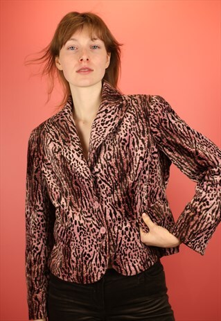 VINTAGE 90S FAKE FUR VELVET PINK ANIMAL PRINT CROPPED BLAZER