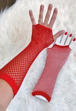 Long Length Red Fishnet Fingerless Gloves