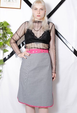 90S GRUNGE Y2K PUNK BLACK GINGHAM CHECKED PINK WRAP SKIRT