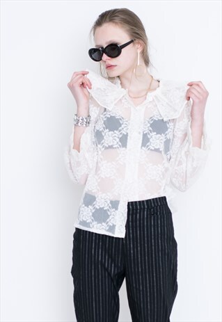 VINTAGE WHITE SEE THROUGH FLORAL LONG SLEEVE RETRO SHIRT