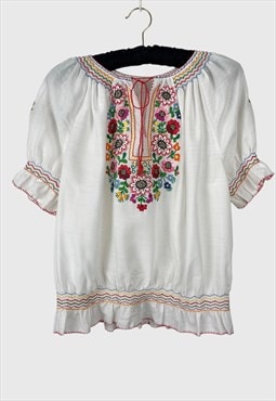 70's Vintage White Cotton Folk Hippy Blouse Embroidery 