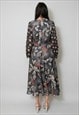 70'S JOBI VINTAGE MIDI DRESS GREY FLORAL LONG BELL SLEEVE