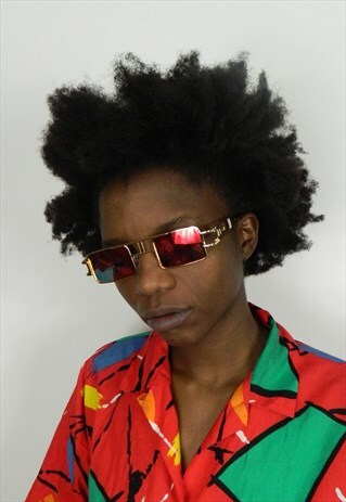 RED REFLECTIVE RECTANGULAR GOLD FRAME SUNGLASSES