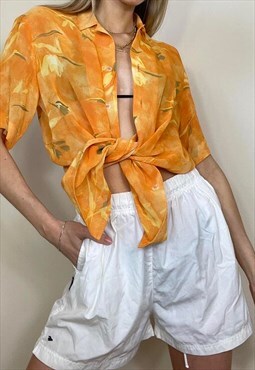 Vintage Y2K 00'S Summer Holiday Mesh Floral Shirt Top Orange