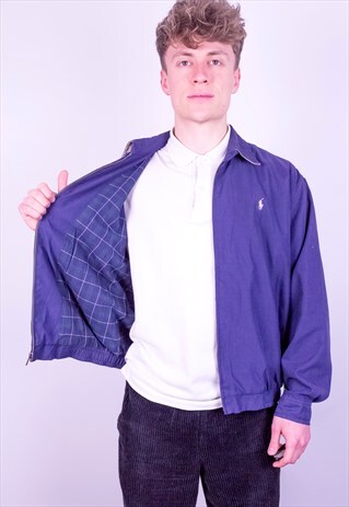 VINTAGE RALPH LAUREN CHECK LINED HARRINGTON JACKET IN BLUE M