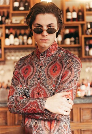MENS RED/GREY RETRO PAISLEY KAFTAN SHIRT
