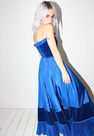 VINTAGE 70S ROYAL BLUE VELVET PLEATED TRIM DRESS