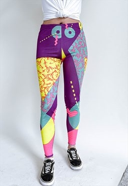 Vintage 80s Funky High Waist Multi Colour Women Leggings