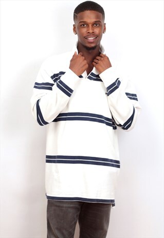 1990'S VINTAGE WHITE/BLUE STRIPED RUGBY SWEATSHIRT