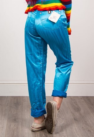 VINTAGE 90'S BLUE METALIC WAVEY PRINT HIGH WAIST TROUSERS