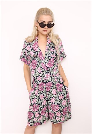 VINTAGE 80S GREEN PINK FLORAL PLAYSUIT