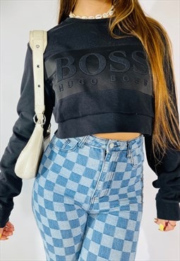 Vintage 00s Y2K Hugo Boss Black Rework Crop Sweatshirt