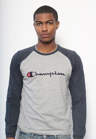 VINTAGE CHAMPION LONG SLEEVED LOGO T-SHIRT GREY BLUE