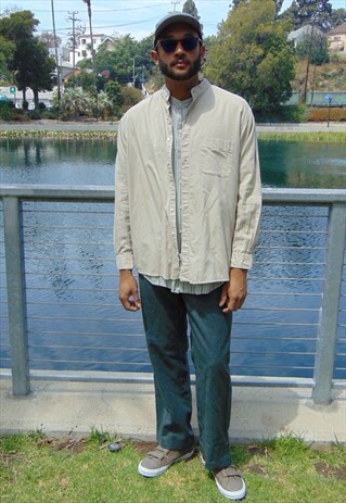 90S MINIMALIST LUXURY BEIGE TEXTURED ROUND COLLAR SHIRT XL