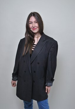 Striped wool blazer, double buttons jacket, vintage suit 