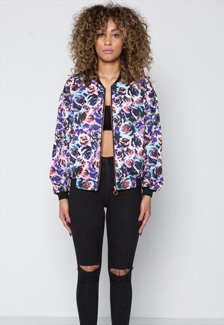RETRO ROSE PRINT SATIN BOMBER JACKET