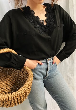 VINTAGE 80S LUXE BLACK HAUTE BOHEME LACE DETAILED BLOUSE TOP