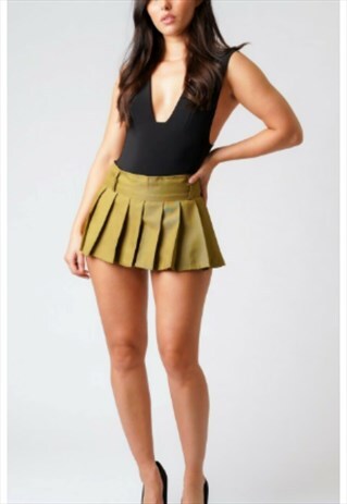 KHAKI PLEATED ALINE SKATER HIGH WAIST PLAID SEXY SHORT SKIRT