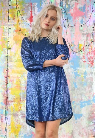 BLUE TINY SEQUIN SHIFT DRESS