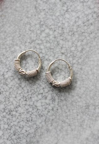 HANDMADE REAL SILVER HOOPS CRAVED EARRINGS