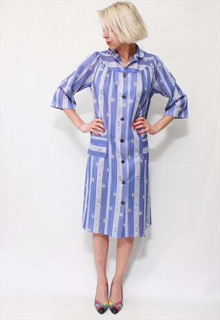 VINTAGE 60'S BEAUTIFUL CUTE STRIPED BLUE DRESS