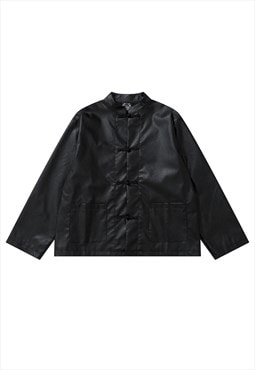 Faux leather kimono jacket dragon print PU bomber black