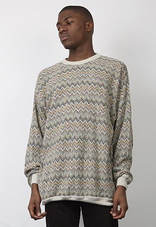 VINTAGE 80'S MULTICOLOURED ZIG-ZAG KNIT JUMPER