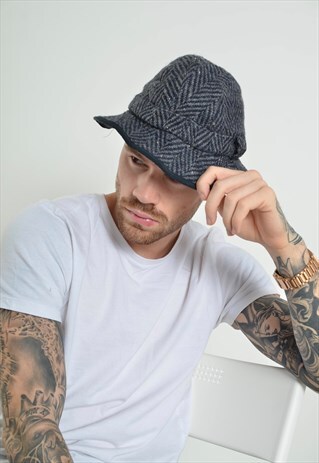 VINTAGE TWEED 80S BUCKET HAT CAP GREY