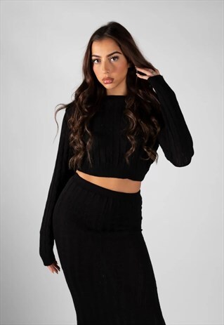 JUSTYOUROUTFIT BLACK CABLE KNIT CROP TOP & MIDI PENCIL SKIRT