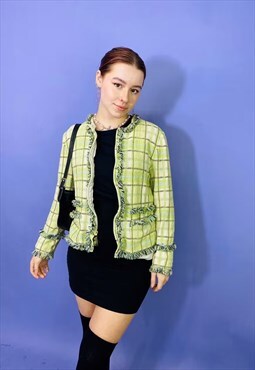 Vintage 90s Y2K Tartan Green Tweed Checked Jacket