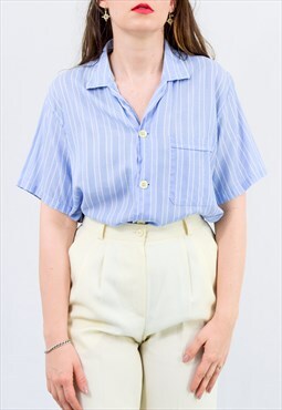 Blue striped shirt collared vintage short sleeve blouse L/XL