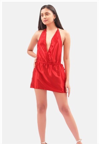 SATIN RED HALTER NECK MINI SLEEVELESS SHORT DRESS BACKLESS