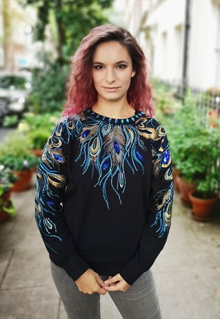 HAND STITCHED BLUE PEACOCK LACE APPLIQUE BEADED BLACK JUMPER