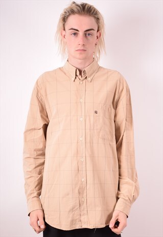 FILA MENS VINTAGE SHIRT LARGE KHAKI CHECK 90S