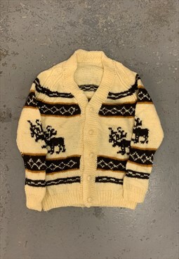 Vintage Abstract Knitted Cardigan Deer Patterned Chunky Knit