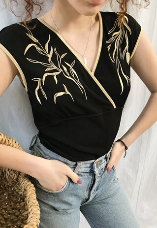 VINTAGE Y2K 00S SEXY ART DECO EMBROIDERED LYCRA BLOUSE TOP