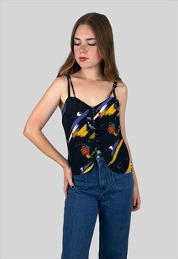 70's Black Vintage Slip Style Cockerel Cami Blouse Top