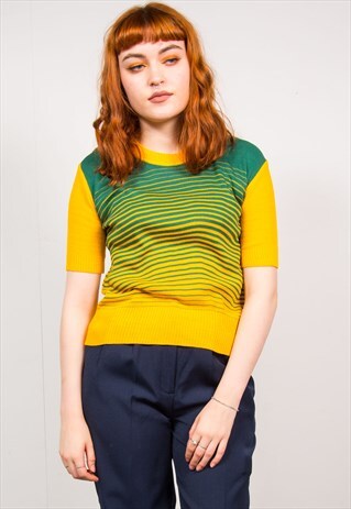 VINTAGE 70'S GREEN & YELLOW STRIPED KNIT RIBBED TOP