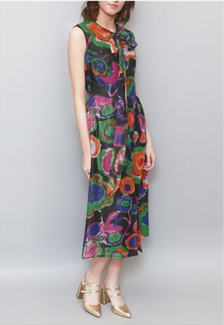 VINTAGE 1970'S TOLLNER MODELL BLACK FLORAL MIDI DRESS