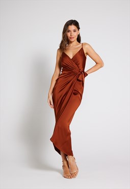 Rosa Tie Side Satin Cami Wrap Dress - Rust