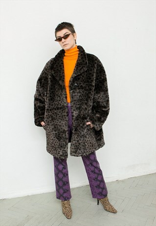 VINTAGE TEDDY COAT LONG SLEEVED BLACK BROWN ANIMAL PRINT