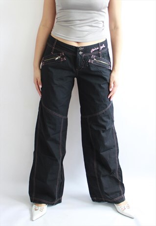 Y2K LOW WAIST BLACK TROUSERS WITH PINK SEAM