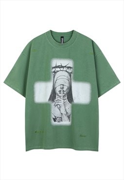 Nun t-shirt Gothic print tee grunge ripped punk top in green