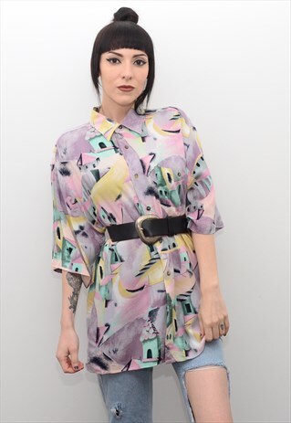 VINTAGE 90'S PASTEL ABSTRACT PATTERNED SUMMER SHIRT