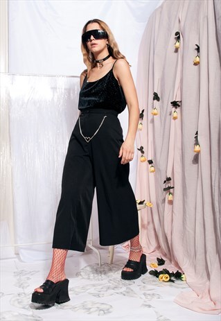 VINTAGE WIDE-LEG TROUSERS 90S MINIMALIST BLACK CULOTTES