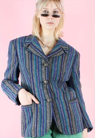 VINTAGE 90S VERSACE BLAZER Y2K BLUE GREY STRIPED