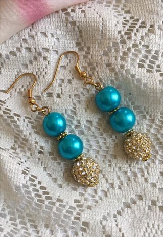 INDIAN OCEAN SWAROVSKI CRYSTAL BLUE GOLD PEARL DROP EARRINGS