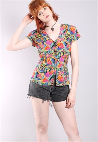 VINTAGE 80S CRAZY PATTERNED BUTTON BLOUSE TOP